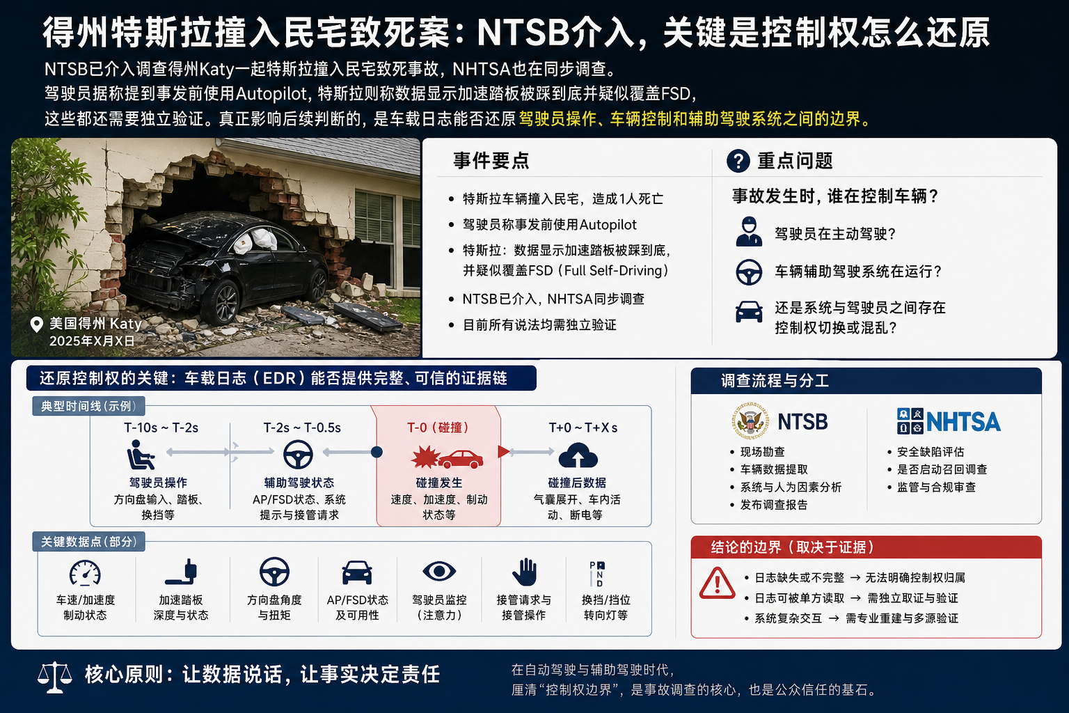 得州特斯拉撞入民宅致死案：NTSB介入，关键是控制权怎么还原
