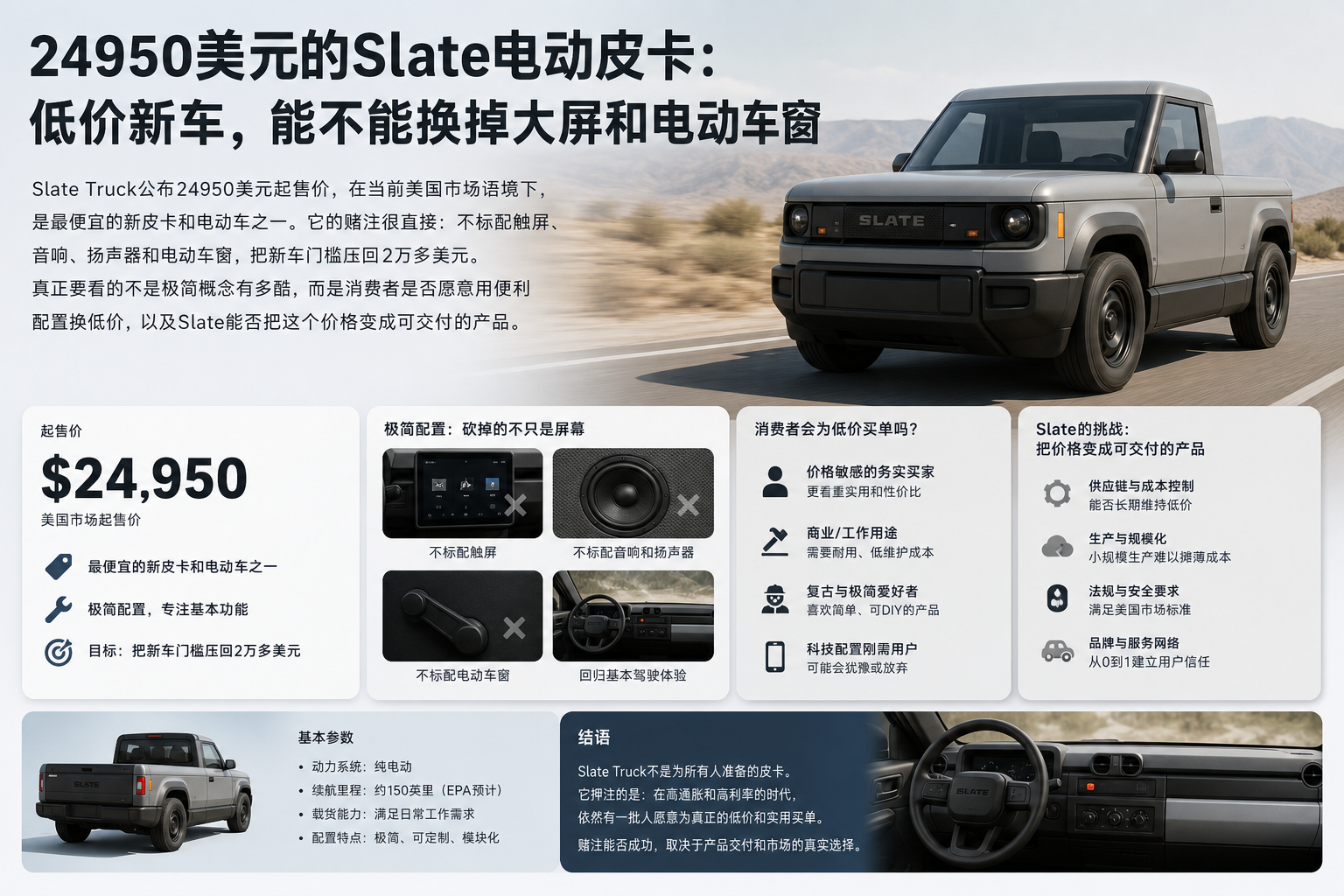 24950美元的Slate电动皮卡：低价新车，能不能换掉大屏和电动车窗