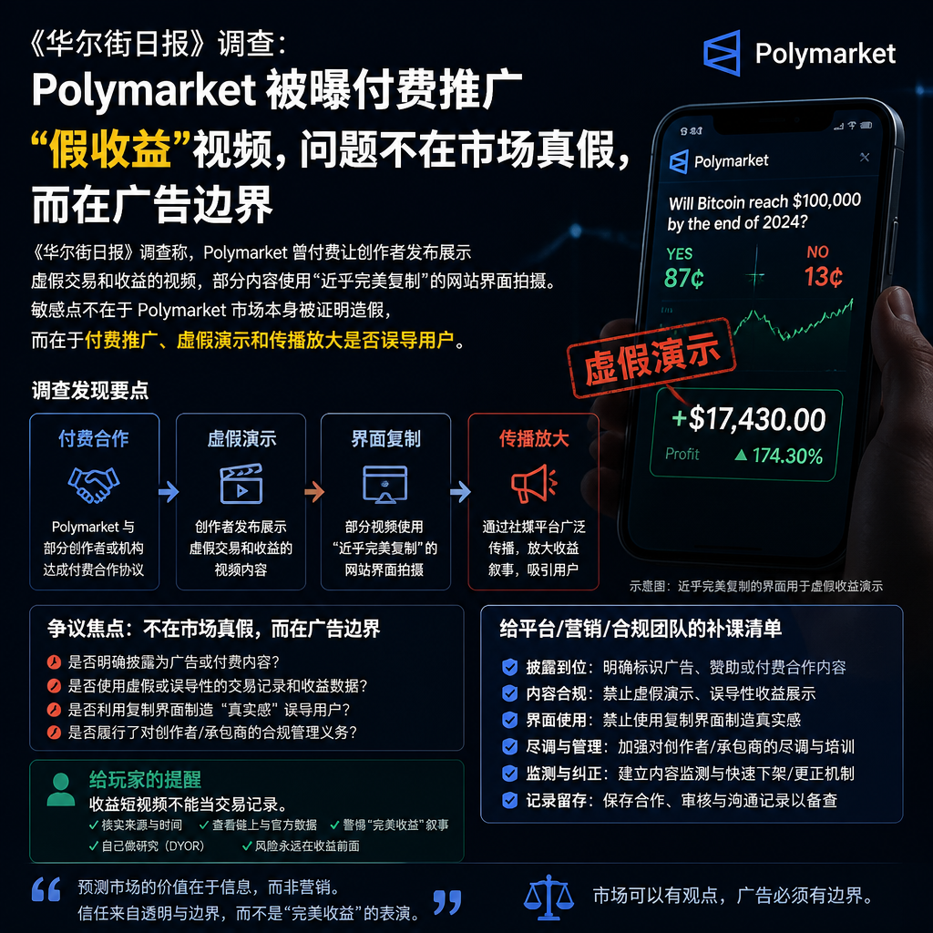 Polymarket 被曝付费推广“假收益”视频，问题不在市场真假，而在广告边界