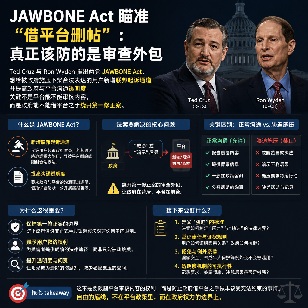 JAWBONE Act瞄准政府“借平台删帖”:真正该防的是审查外包