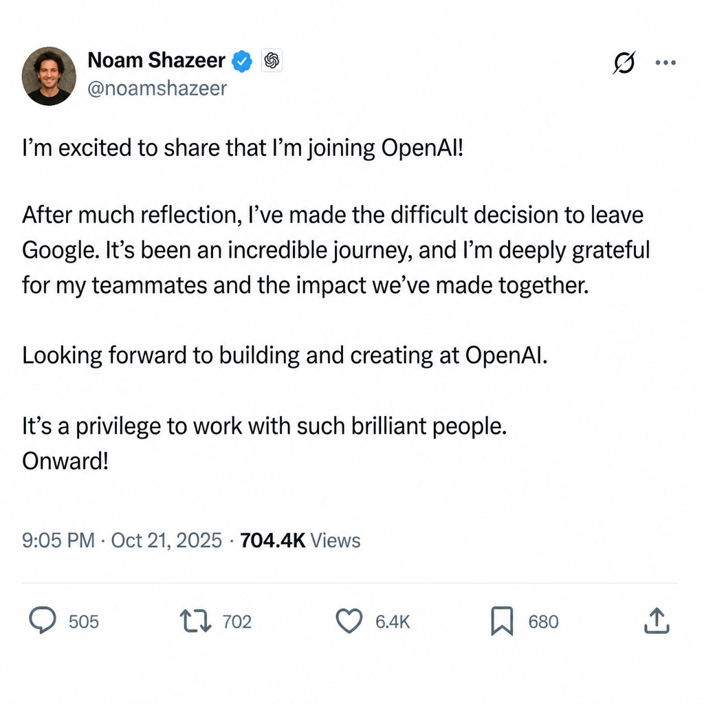 Noam Shazeer 确认加入 OpenAI：别急着脑补职位，先看人才信号