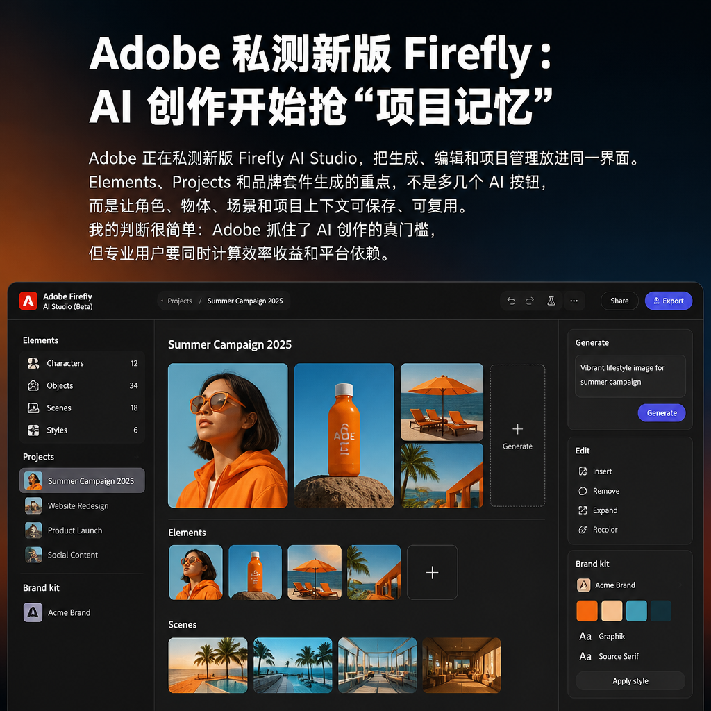 Adobe 私测新版 Firefly：AI 创作开始抢“项目记忆”