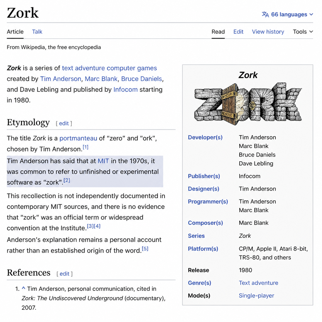 《Zork》名字来源改写维基：那个“MIT 术语”说法该降一档了