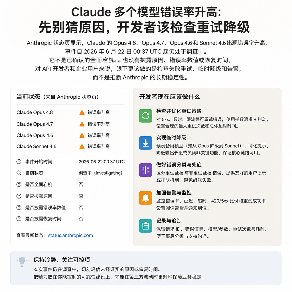 Claude 多个模型错误率升高:先别猜原因,开发者该检查重试和降级