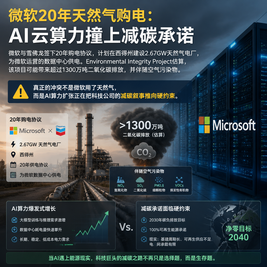 微软20年天然气购电:AI云算力撞上减碳承诺