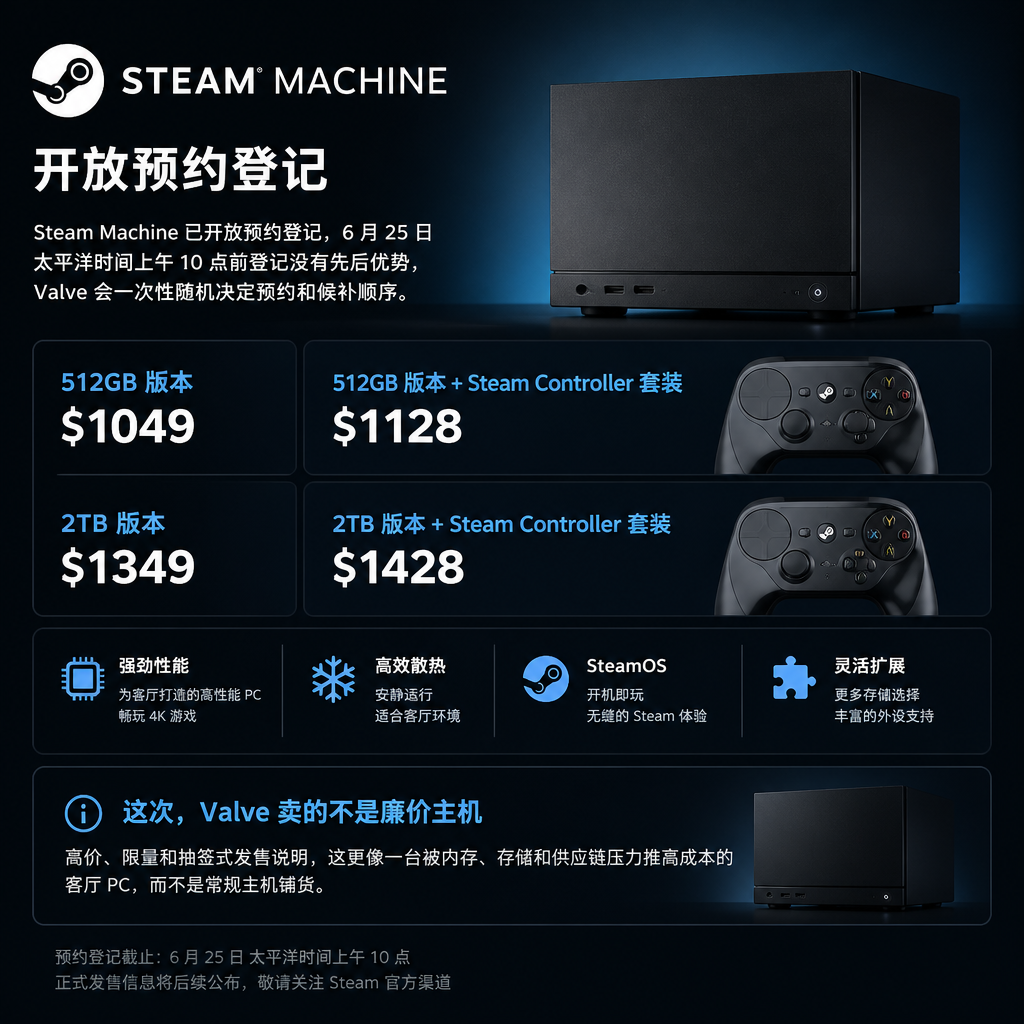 Steam Machine 开放预约：1049 美元起，Valve 这次卖的不是廉价主机