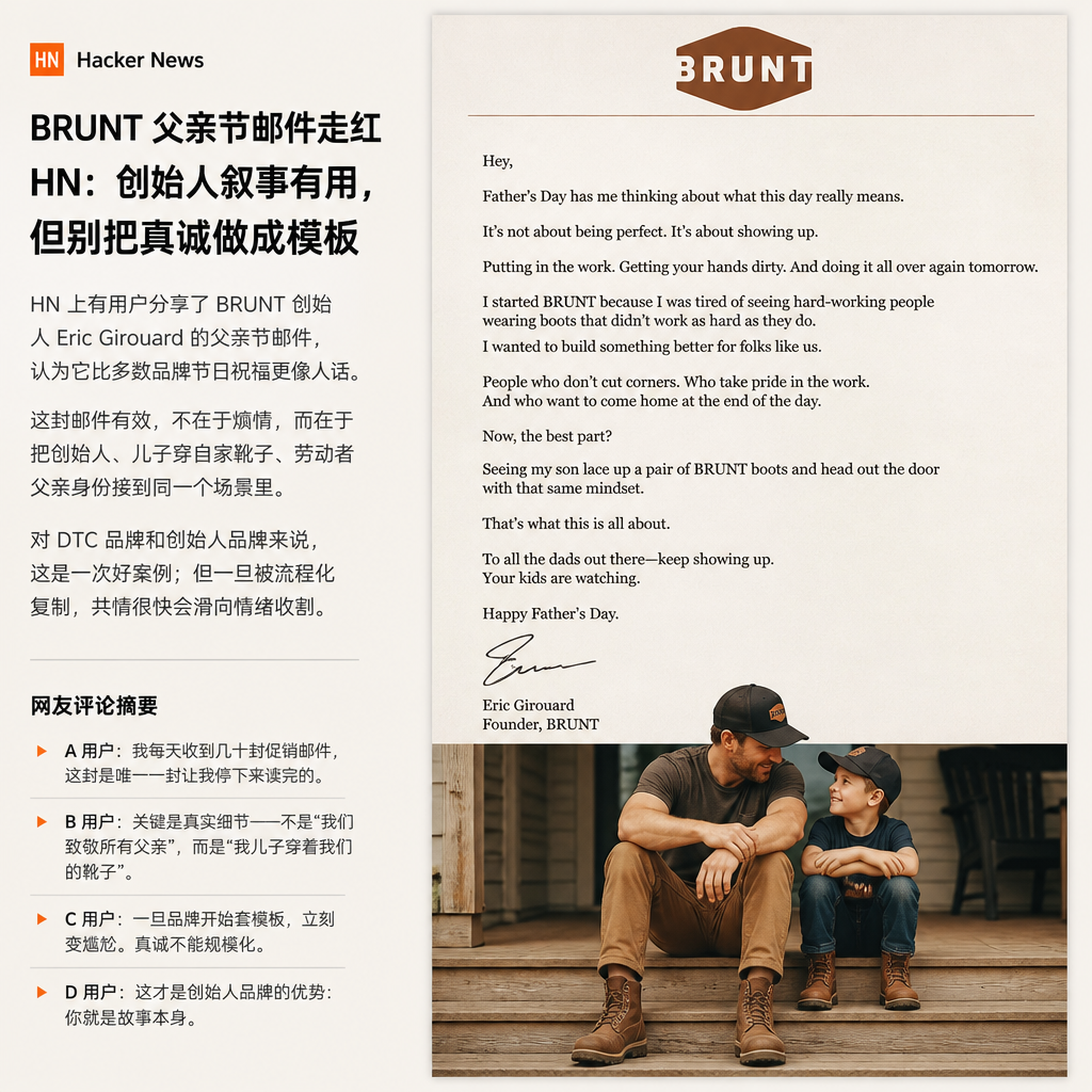 BRUNT 父亲节邮件走红 HN：创始人叙事有用，但别把真诚做成模板