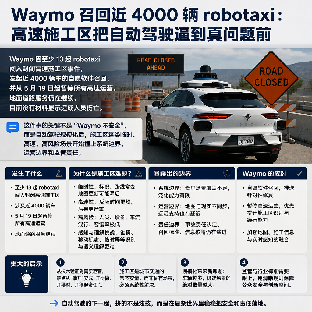 Waymo 召回近 4000 辆 robotaxi：高速施工区把自动驾驶逼到真问题前
