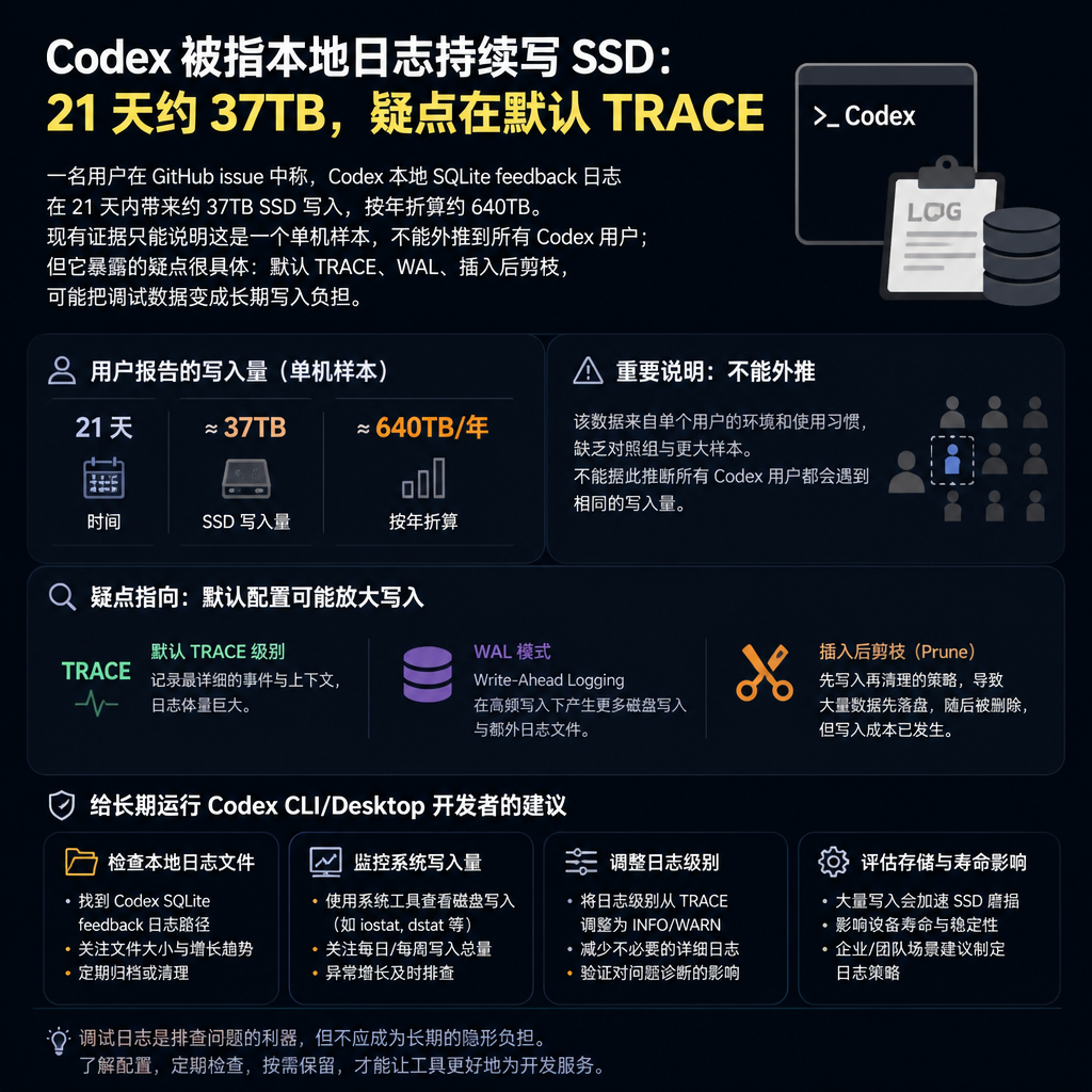 Codex 被指本地日志持续写 SSD：21 天约 37TB，疑点在默认 TRACE